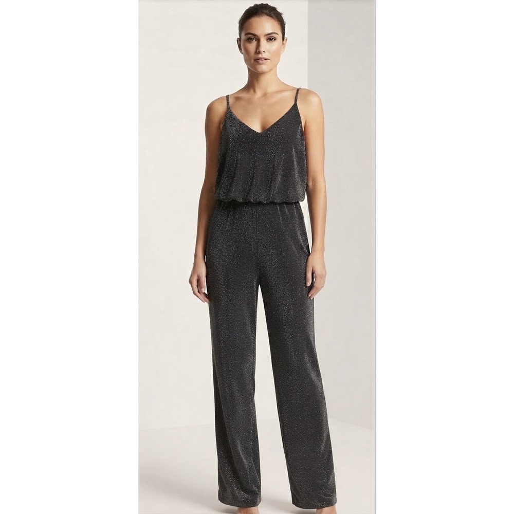 Eliza J Womens Metallic Glitter Jumpsuit V-Neck Spaghetti Strap Black Size 14